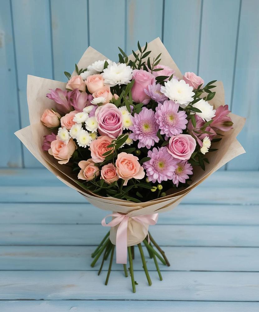 Букет цветов из: Хризантемы, Розы и Альстромерии в Верхнестепном