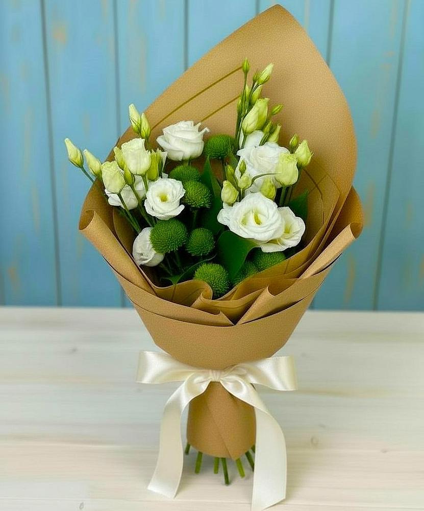 Букет цветов из: Хризантемы и Лизиантусы в Верхнестепном