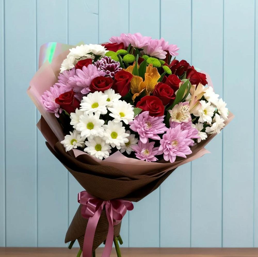 Букет цветов из: Розы, Хризантемы и Альстромерии в Верхнестепном