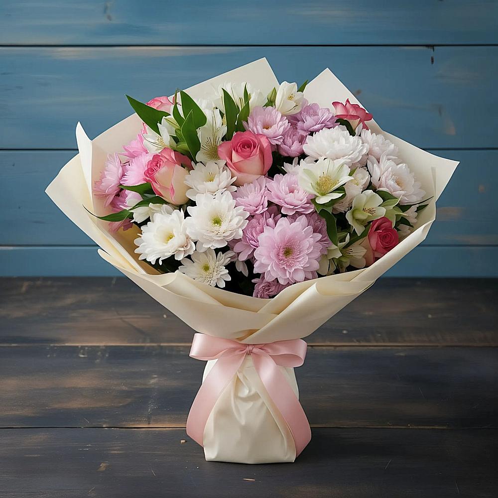 Букет цветов из: Хризантемы, Альстромерии и Розы в Верхнестепном